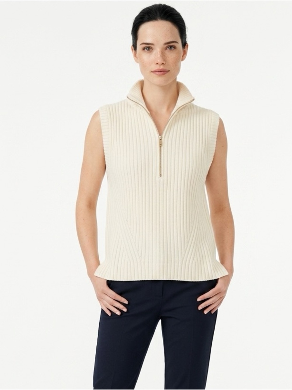 Talbots Cream Ribbed Sleeveless Zip Mock-Collar Sweater Shell